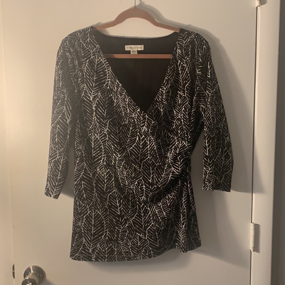 EUC Coldwater Creek Black White Palm Faux Wrap Mesh Top XL
